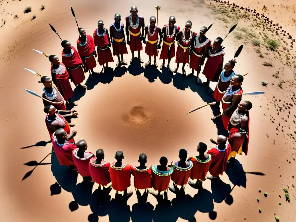 Un grupo de guerreros Masai realizando una danza ceremonial durante las ceremonias de iniciación tribal en la sabana africana