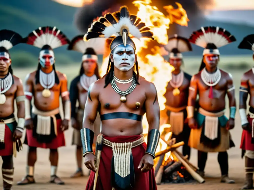 Grupo de guerreros indígenas en ritual de guerra y paz ancestrales, con pinturas y atuendos tradicionales, danzando alrededor del fuego