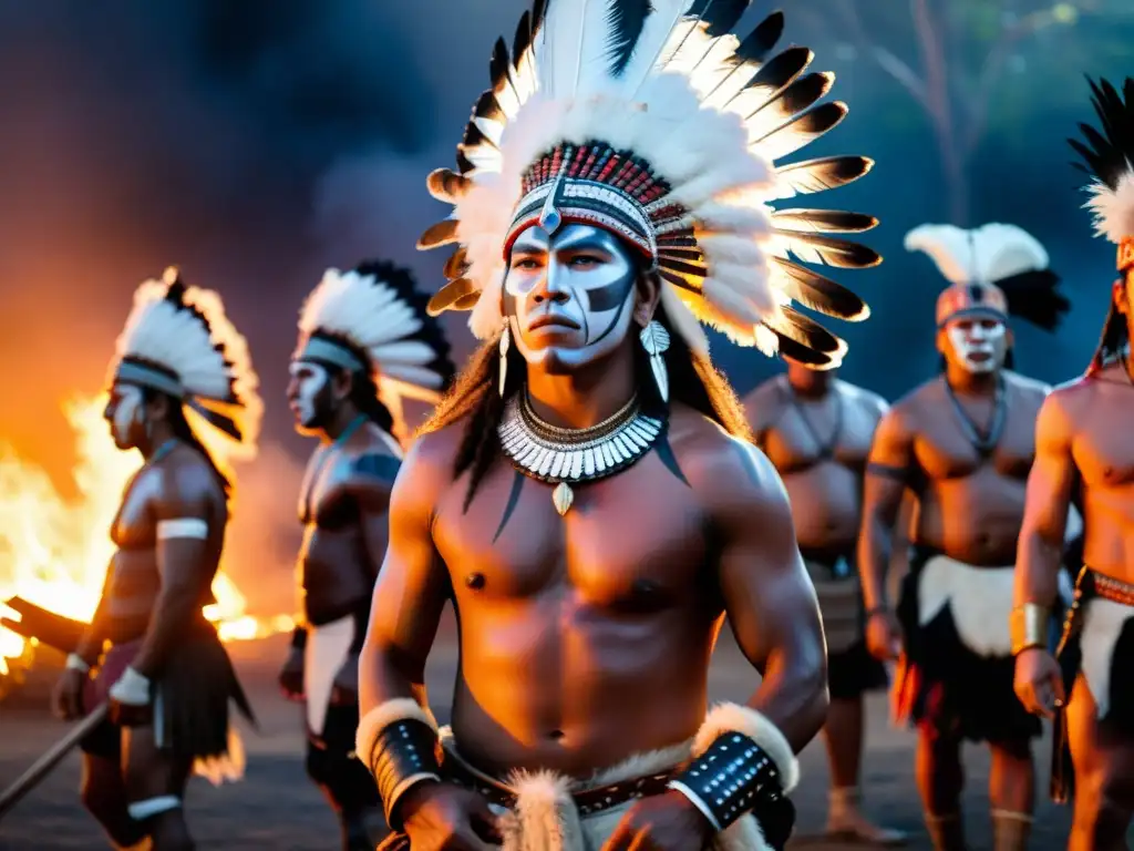 Grupo de guerreros indígenas realizan ritual de guerra en la jungla, con atuendos elaborados y expresiones fieras