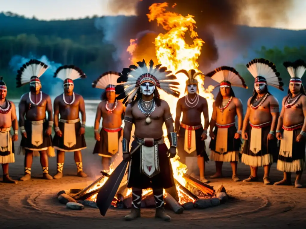 Grupo de guerreros indígenas realiza rituales de guerra en culturas ancestrales, frente a una fogata, expresando su profunda tradición y emoción