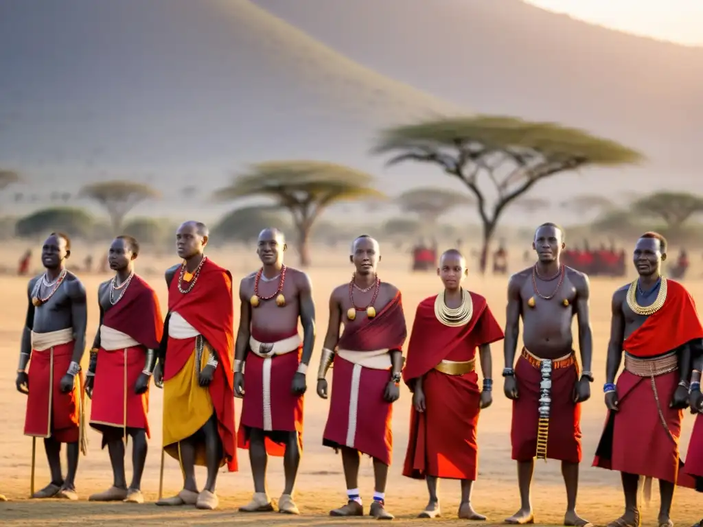 Grupo de guerreros Maasai realizan danza ritual al atardecer, Ritos de iniciación tribu Maasai