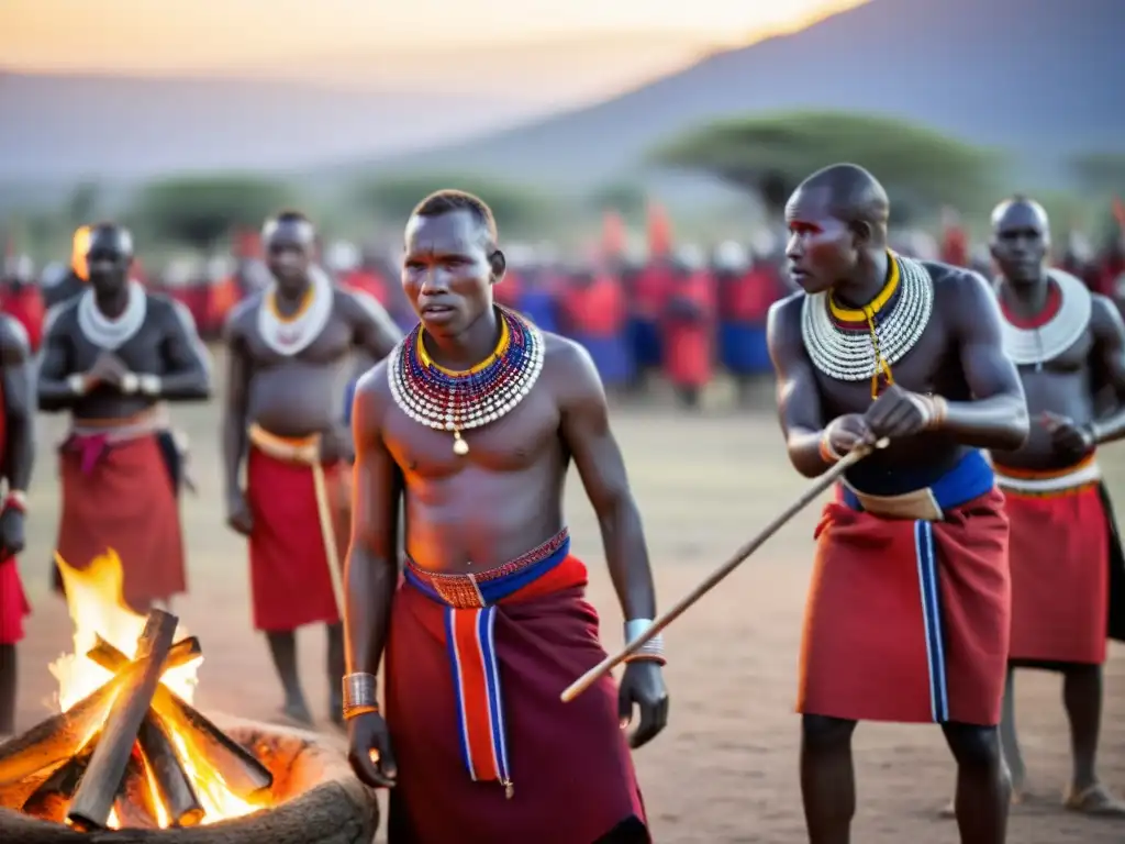 Un grupo de guerreros Maasai danza alrededor de una fogata con intensa concentración, preparándose para un combate de palos