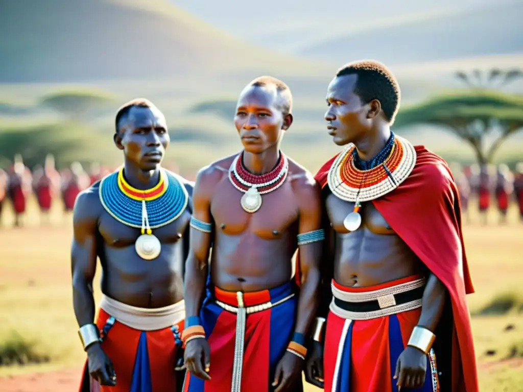 Un grupo de guerreros Maasai con vestimenta y joyería ceremonial culturas, danzando orgullosos en la vasta sabana africana