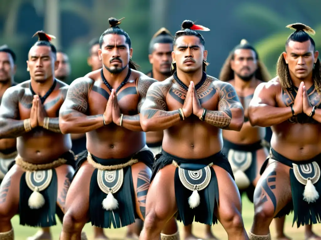 Un grupo de guerreros maoríes realiza el Haka, expresando fuerza y unidad