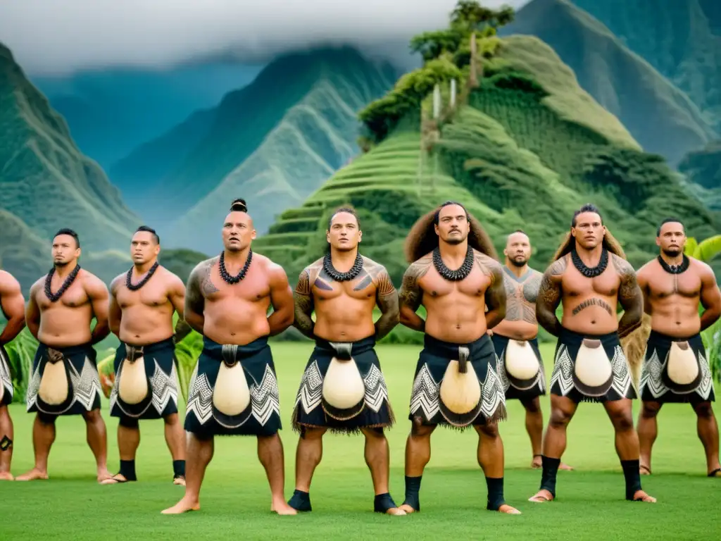 Un grupo de guerreros maoríes realiza el ritual Haka rodeados de exuberante vegetación y montañas