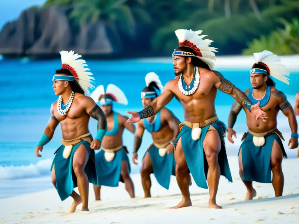 Grupo de guerreros polinesios realizando danza tradicional en la playa, con un mar azul de fondo