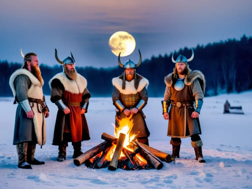 Grupo de guerreros vikingos en ritual de solsticio bajo la luna llena en la nieve