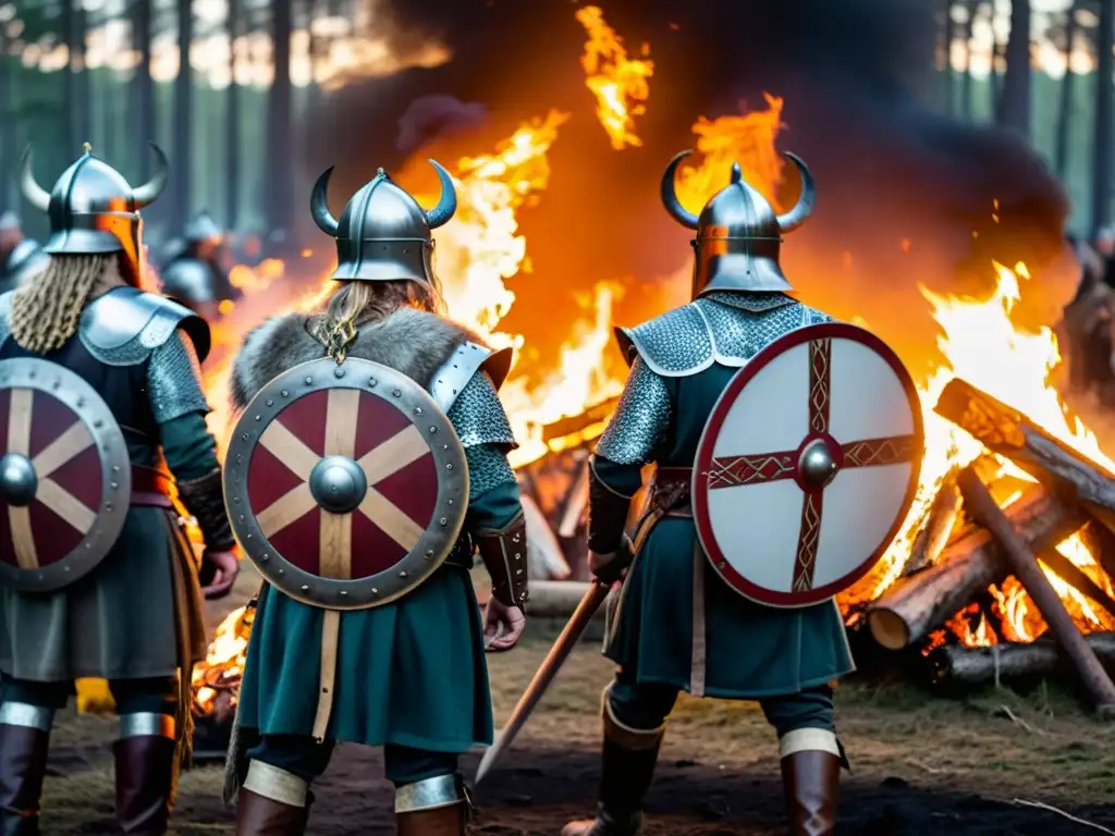 Grupo de guerreros vikingos en ritual alrededor del fuego en el bosque nórdico