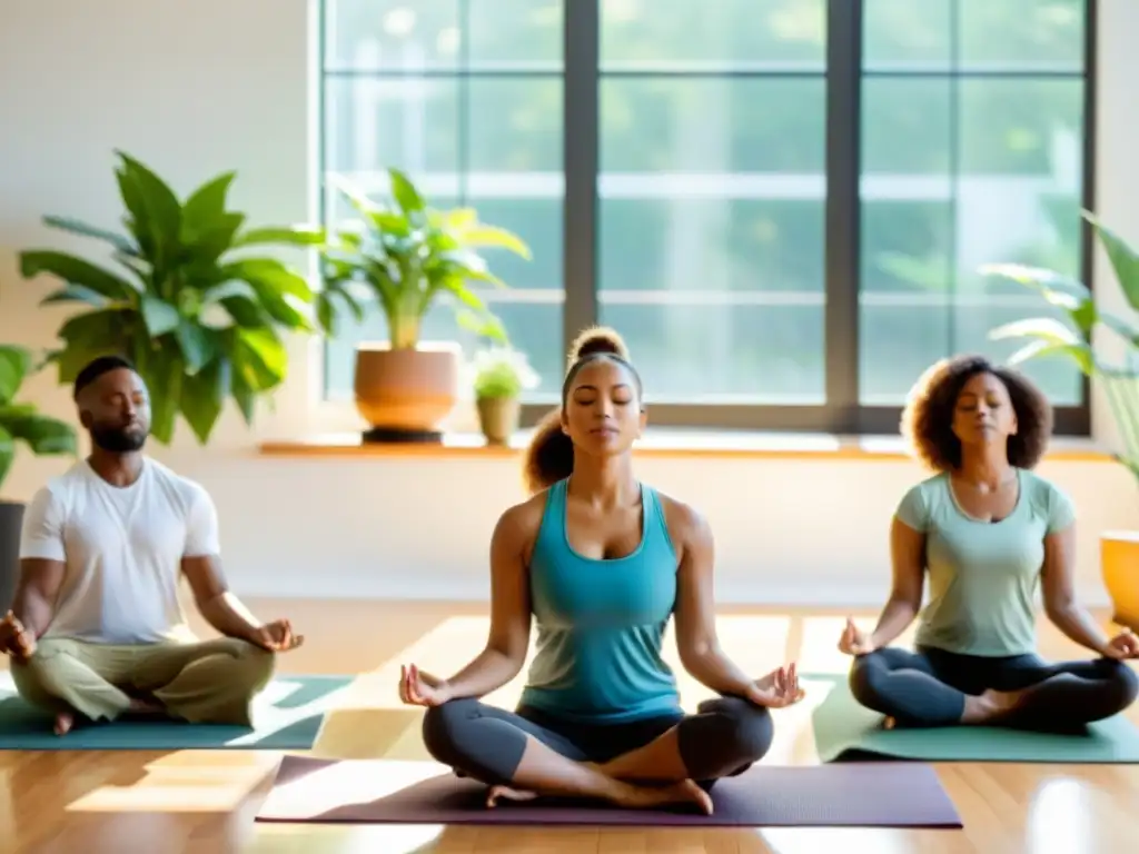 Grupo en meditación guiada para reducción de estrés en ambiente tranquilo con plantas y luz natural