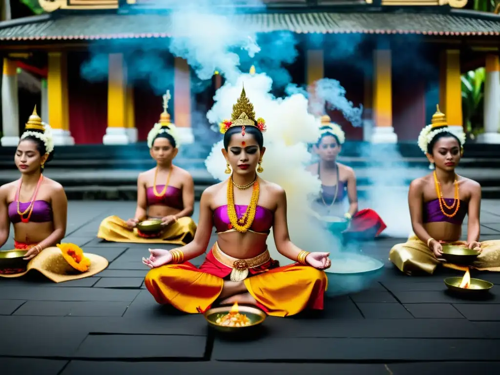 Un grupo de hindúes balineses realiza un ritual tradicional en un templo de Bali, creando una atmósfera espiritual