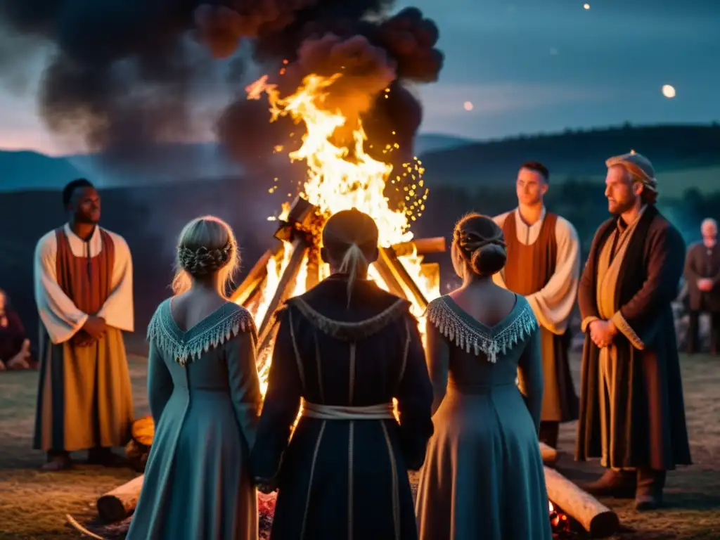 Un grupo se reúne alrededor de una hoguera en la noche oscura, participando en un ritual de adivinación en Samhain