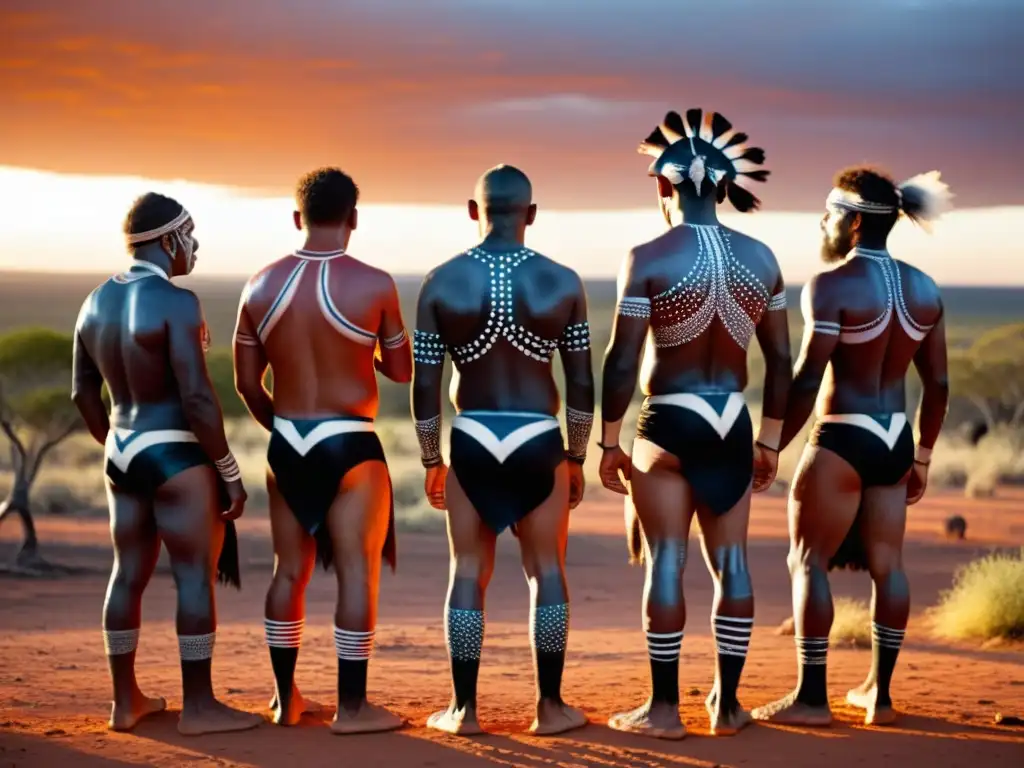 Grupo de hombres aborígenes australianos realizando una ceremonia de iniciación tribal en el outback al atardecer