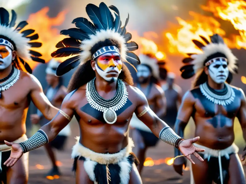 Grupo de hombres aborígenes australianos realizando la Danza del fuego en rituales, conectados con la espiritualidad de su tierra y ancestros