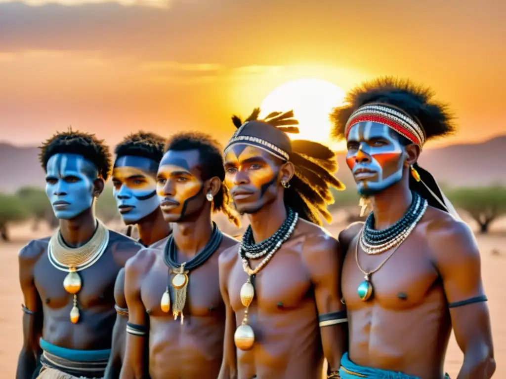 Un grupo de hombres Wodaabe con atuendos tradicionales y pinturas faciales elaboradas, listos para el Festival Gerewol, irradiando orgullo y elegancia en el cálido atardecer del paisaje árido