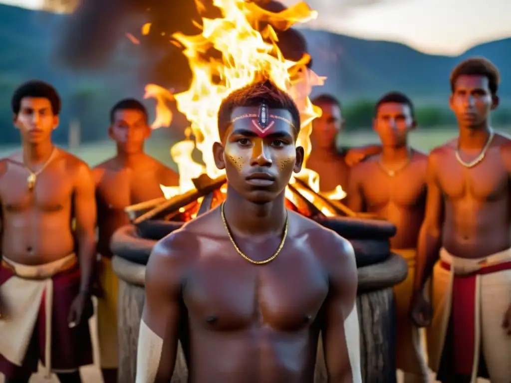 Grupo de hombres jóvenes en ritual de iniciación, con pinturas y símbolos culturales