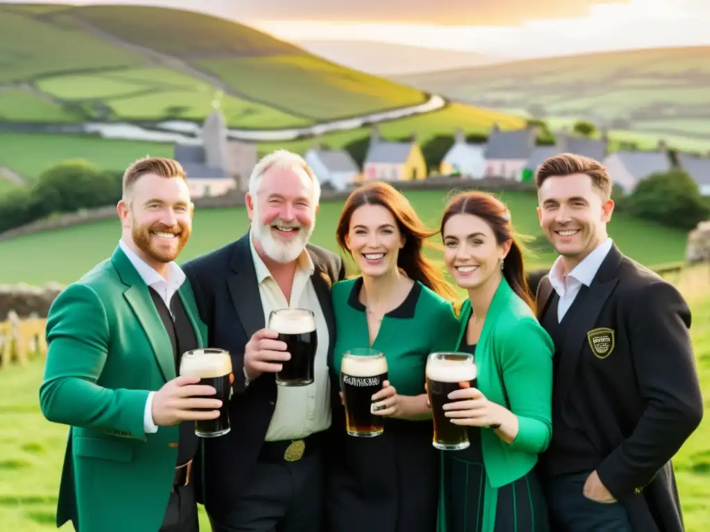 Un grupo de hombres y mujeres irlandeses vestidos con trajes tradicionales en un campo verde, disfrutando de una combinación ritual de la cultura irlandesa con pints de Guinness, mientras el sol se pone sobre el paisaje