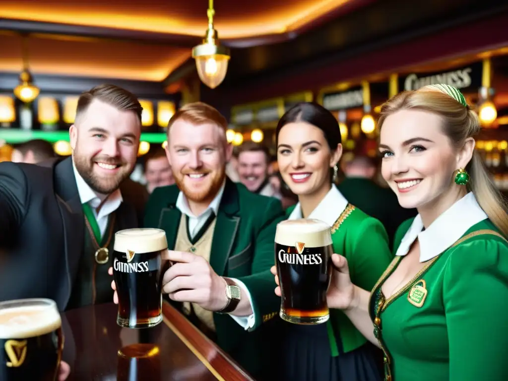 Un grupo de hombres y mujeres irlandeses en trajes tradicionales levantan pintas de Guinness en un bullicioso pub festivo