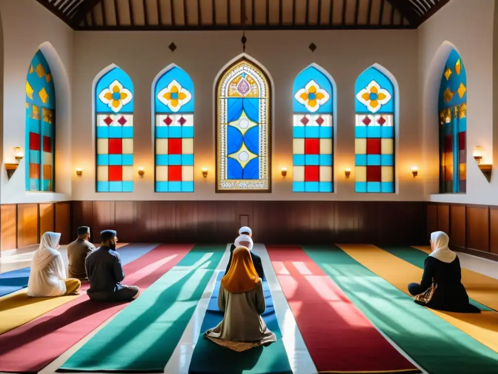 Un grupo de hombres y mujeres musulmanes realizando la oración Tarawih en una mezquita durante Ramadán, con patrones geométricos y luz cálida, transmitiendo la conexión espiritual y la importancia cultural de los rituales islámicos y culturas locales