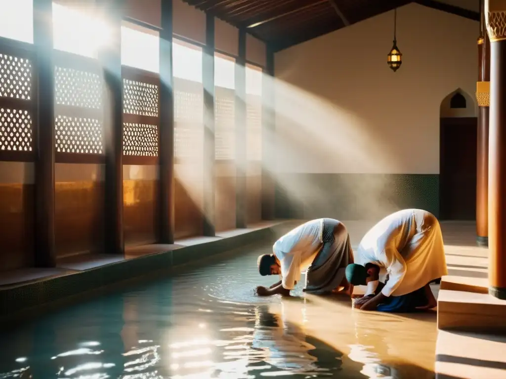 Un grupo de hombres musulmanes realiza el ritual de ablución, conocido como wudu, antes de la oración