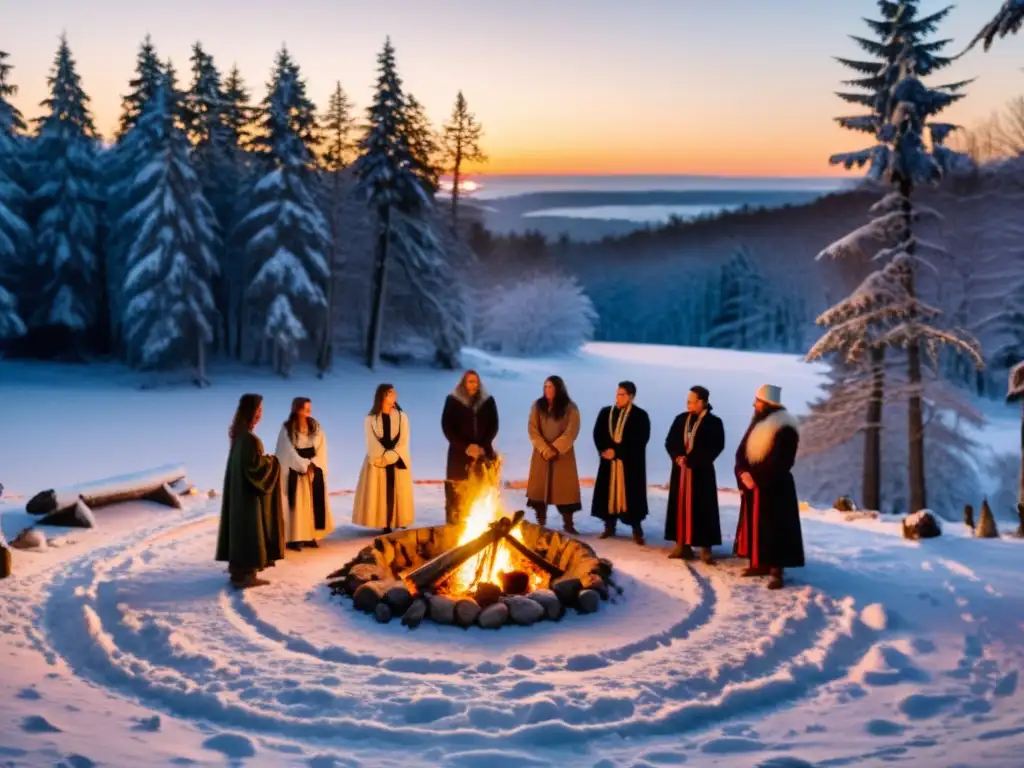 Grupo celebrando Imbolc en el bosque nevado alrededor de una fogata, en atuendos paganos, tocando música y bailando