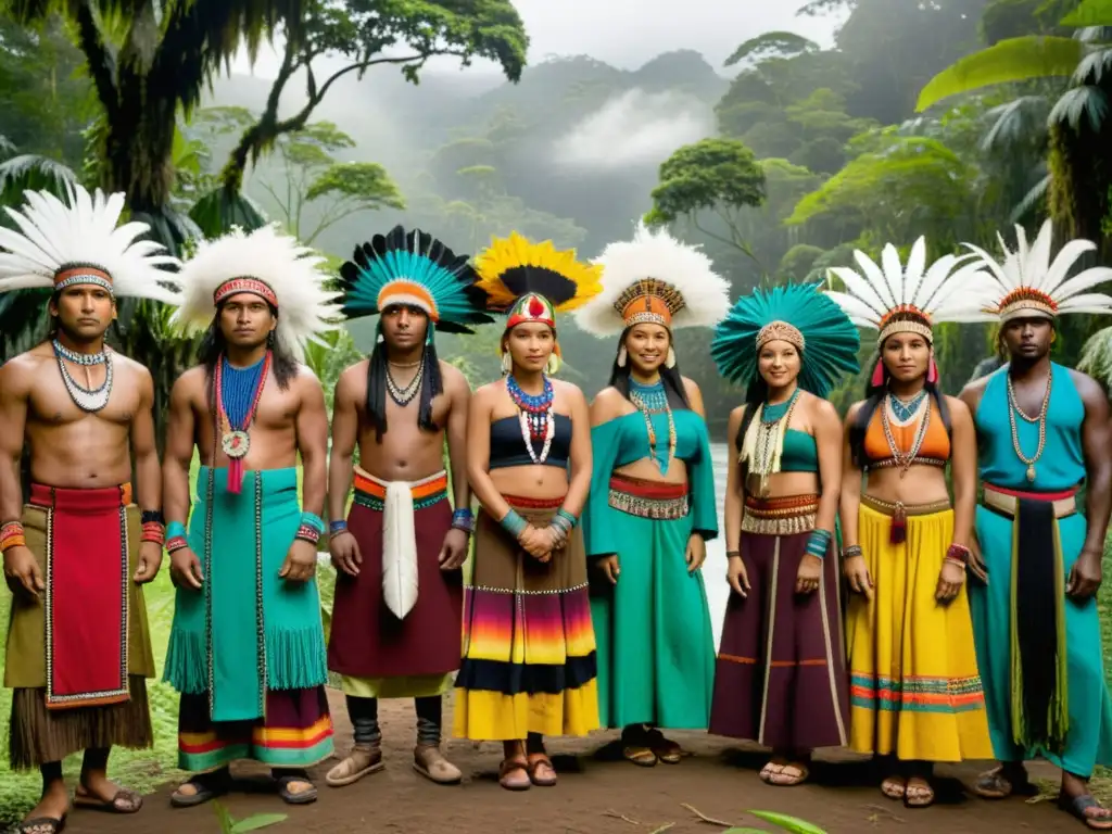 Indígenas con trajes tradicionales en la selva Grupo indígena viste atuendos rituales de materiales ecológicos en la exuberante selva