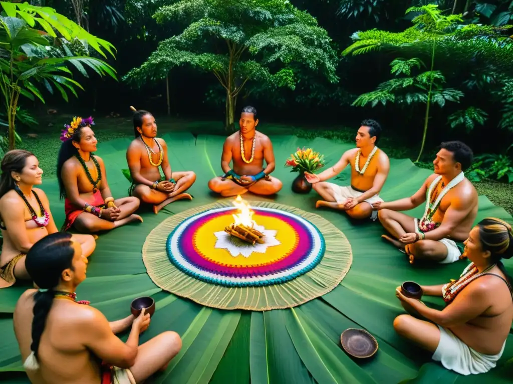 Grupo indígena en ceremonia de Ayahuasca en la Amazonía