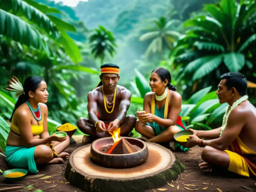 Grupo indígena en ceremonia del cacao revitalizante ancestral entre exuberante vegetación y árboles de cacao vibrantes