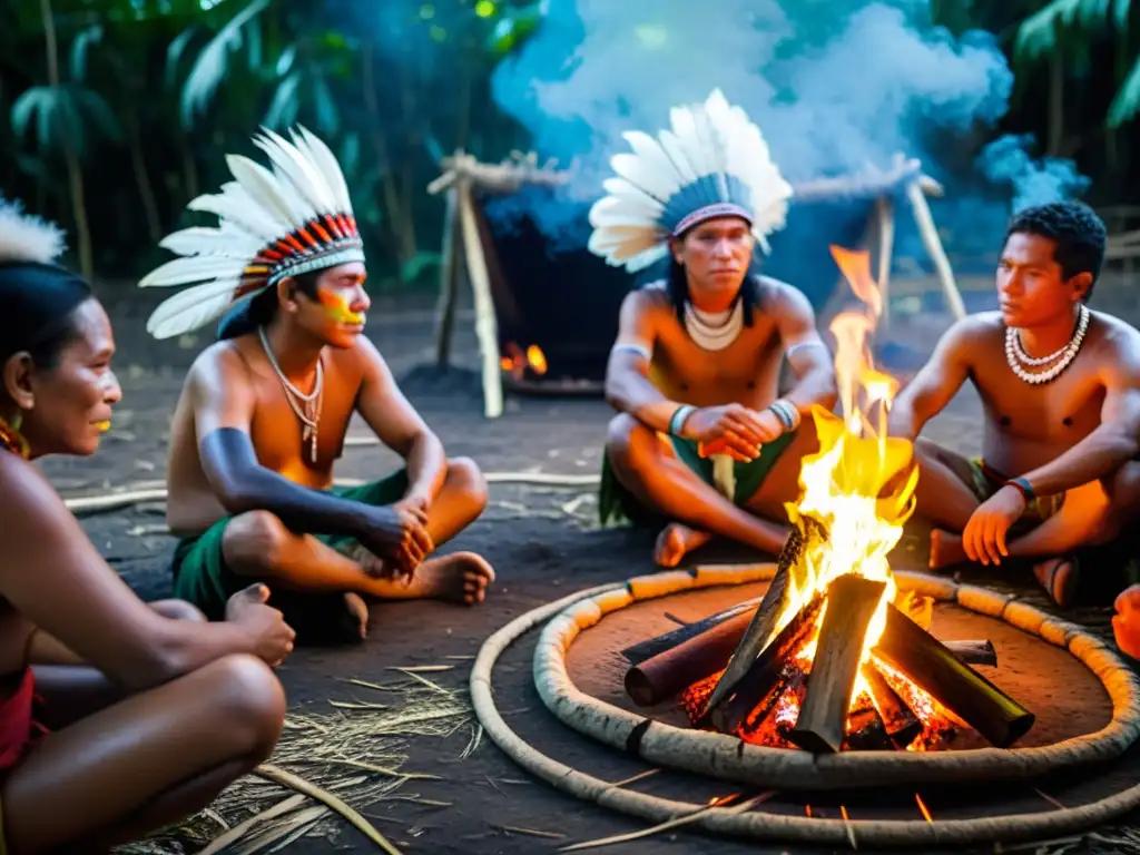 Grupo indígena celebra una Ceremonia del Tabú en la cultura amazónica alrededor de una gran fogata en la selva, rodeados de exuberante vegetación