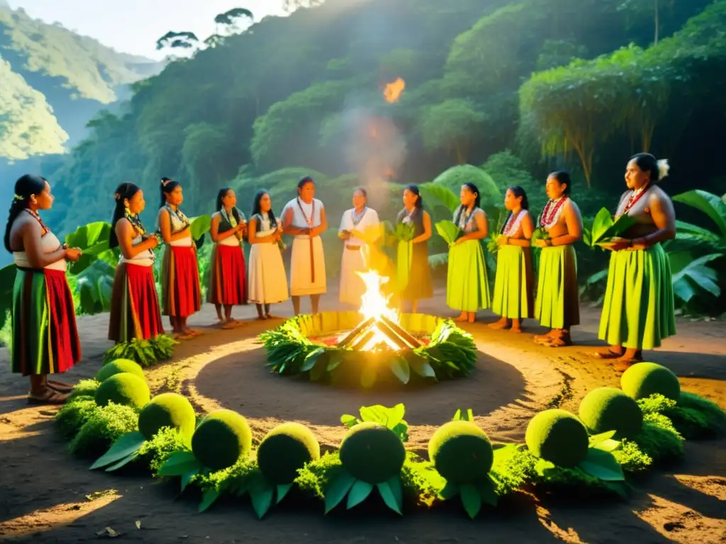 Grupo indígena en ceremonia de la Coca comunicación espiritual en la selva verde, conectados con la naturaleza