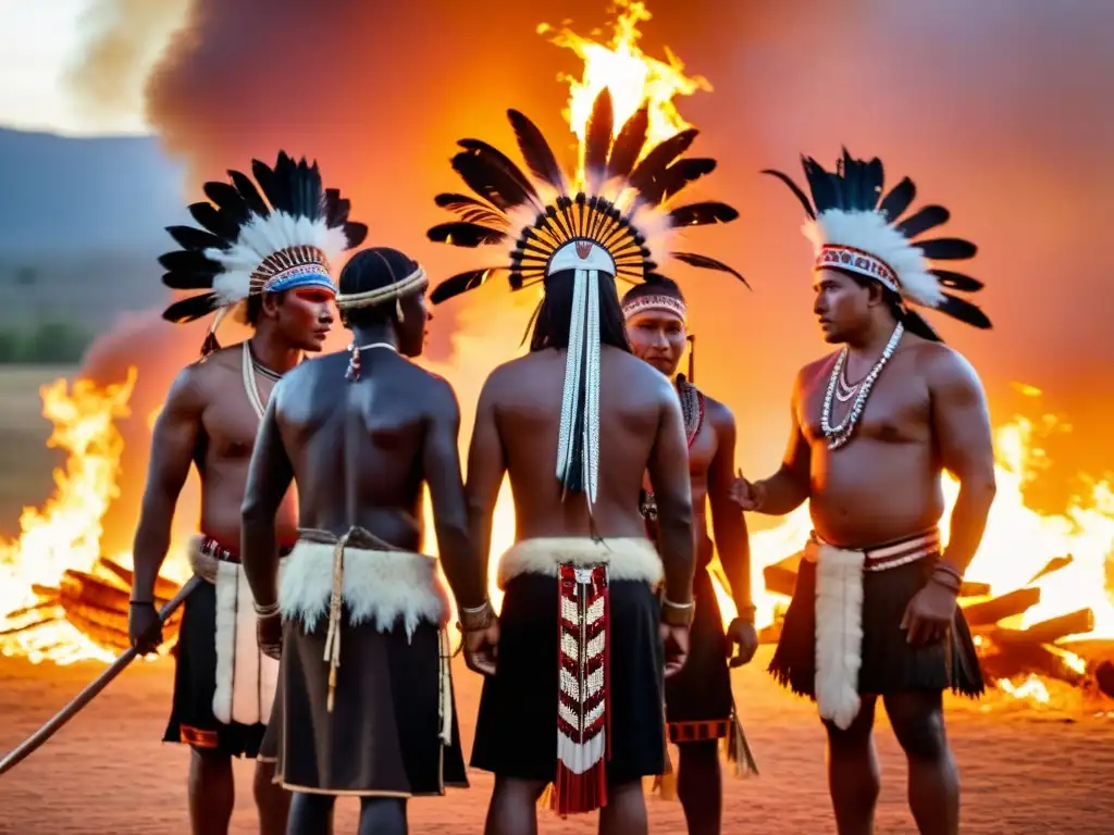 Grupo indígena en ceremonia alrededor del fuego con prácticas defensivas ancestrales