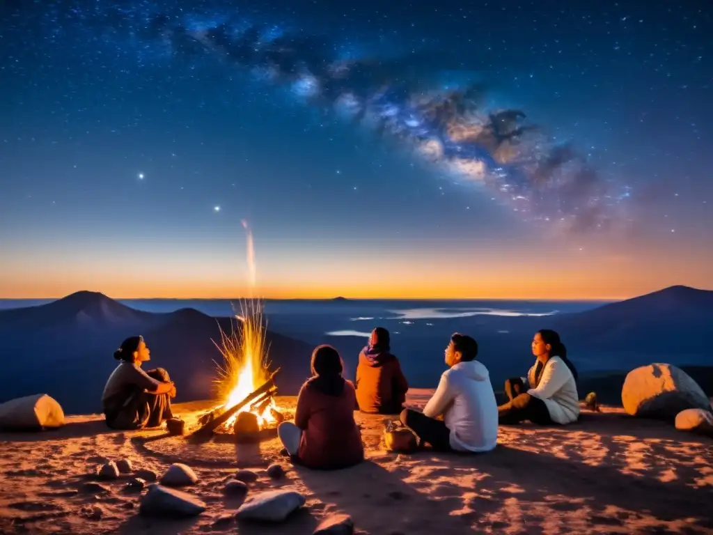 Grupo indígena observa el cielo estrellado alrededor de la fogata, mostrando la importancia cultural de rituales de observación celestial