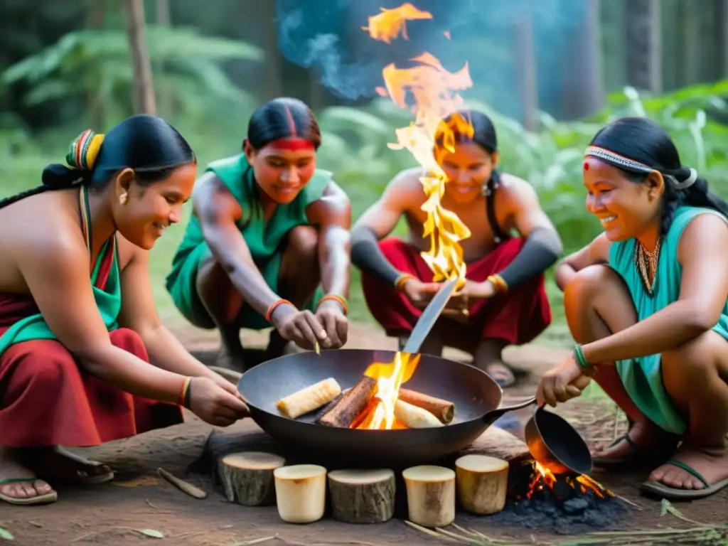 Grupo indígena preparando cocina sagrada en la selva, en reverencia y alegría