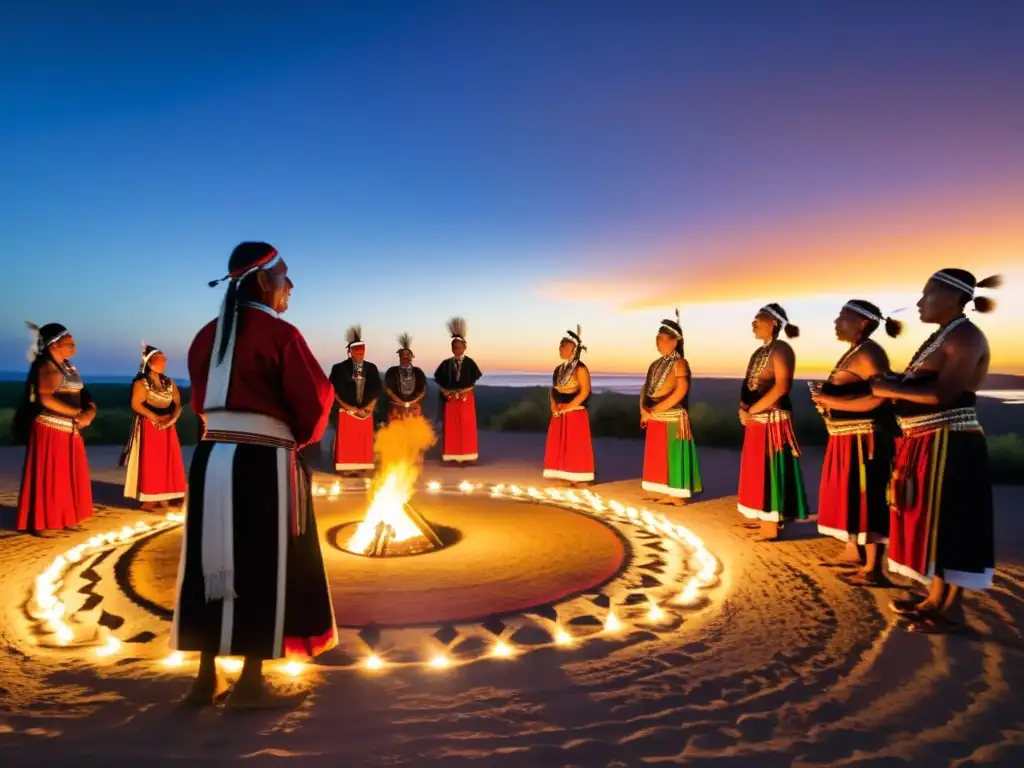 Grupo indígena en danza ceremonial al atardecer, preservar rituales en peligro, sabiduría ancestral