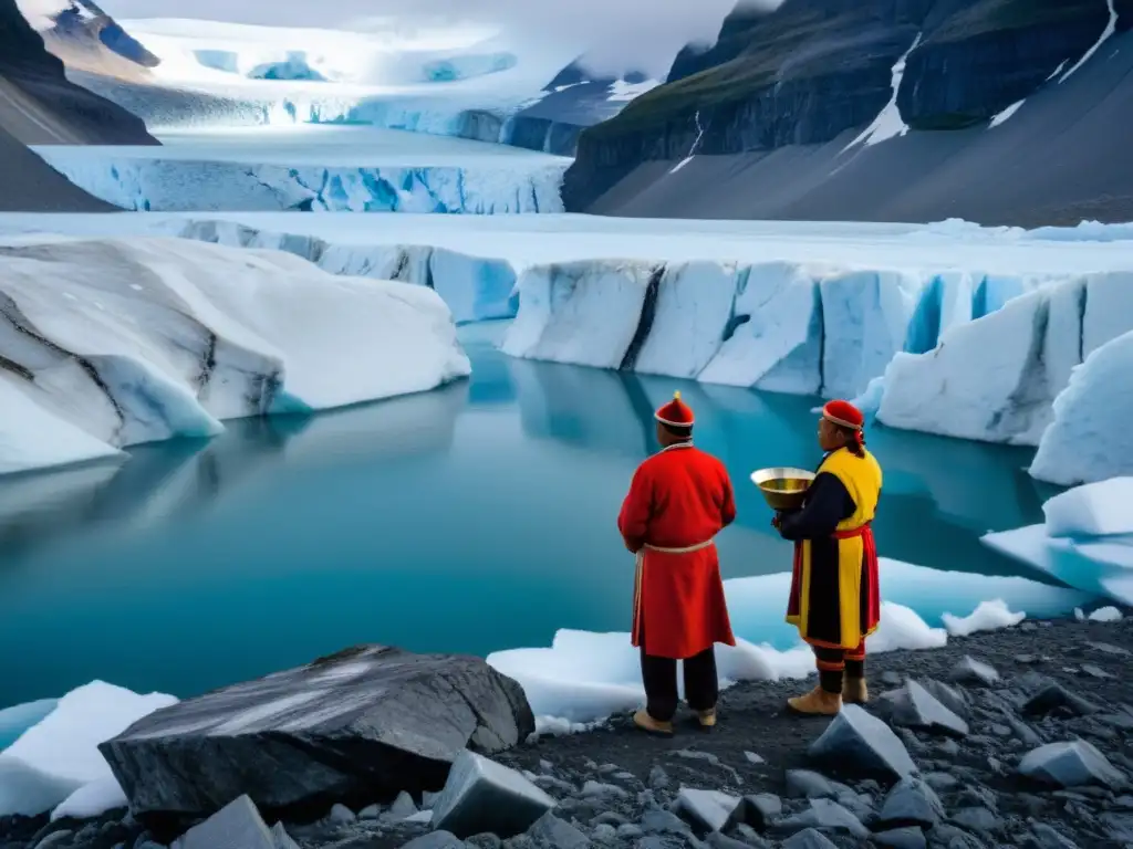 Grupo indígena observa solemnemente el derretimiento del glaciar, mostrando la influencia del cambio climático en rituales ancestrales