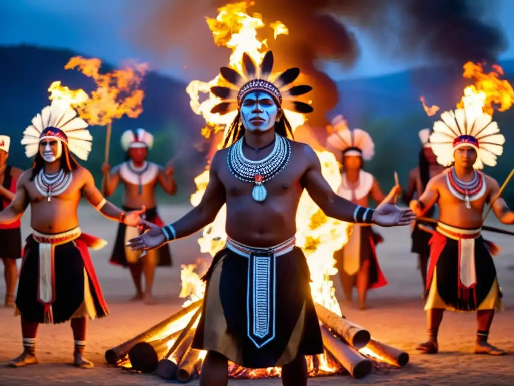 Grupo indígena danzando alrededor de una fogata en ceremonia espiritual con música y pintura corporal, en un entorno boscoso