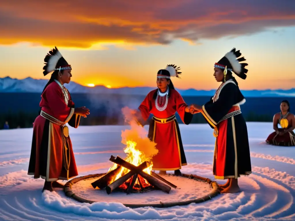 Grupo indígena danzando alrededor del fuego al atardecer, resaltando la importancia de los rituales en idiomas y tradiciones