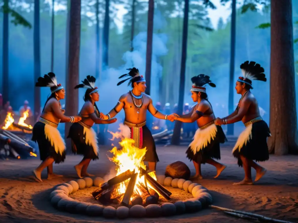 Grupo indígena danzando alrededor del fuego en la selva, en ceremonias aborígenes para supervivencia