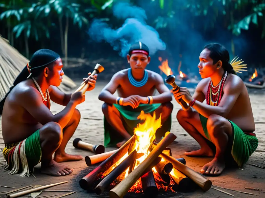 Grupo indígena tocando instrumentos tradicionales alrededor de una fogata en la selva amazónica