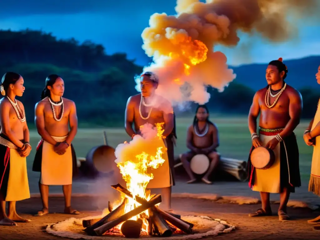 Grupo indígena realiza movimientos rituales danza espíritus alrededor del fuego ancestral