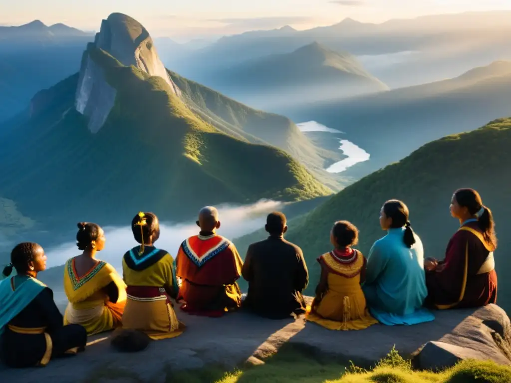 Grupo indígena en rito de paso ancestral significado, meditando al amanecer en la cima montañosa