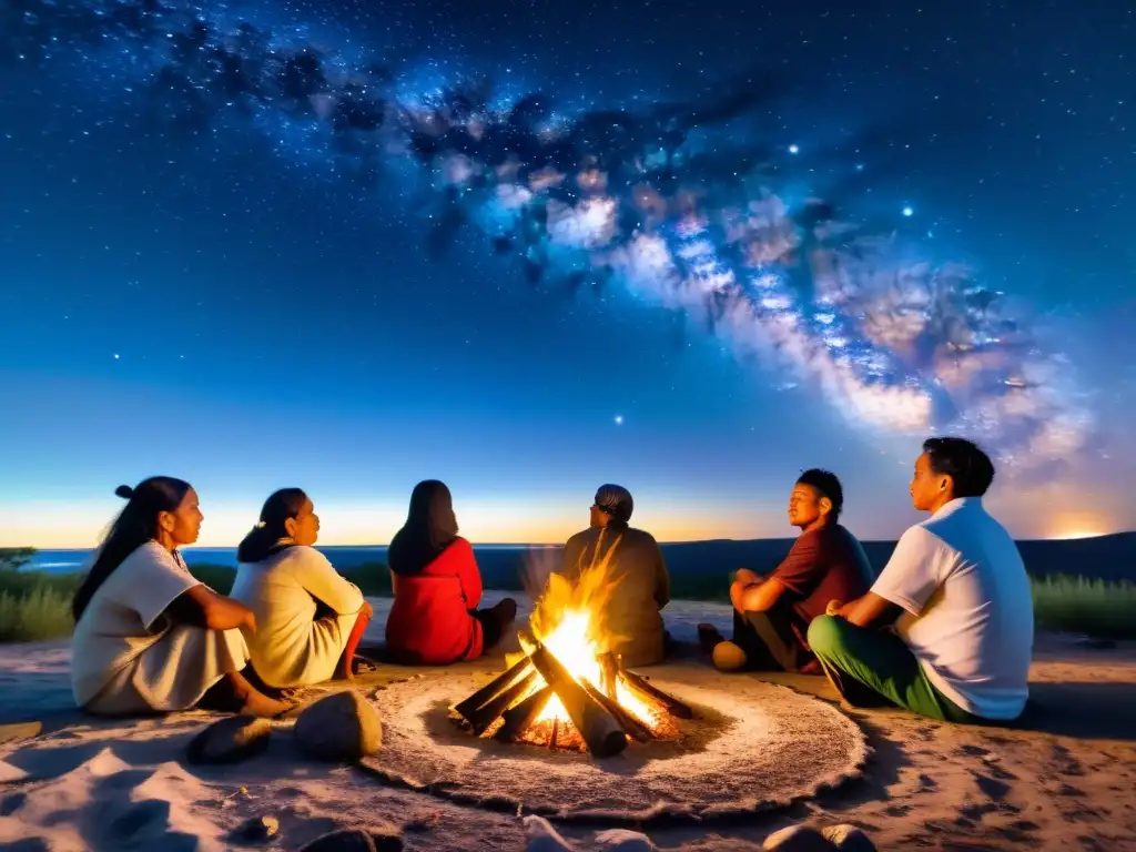 Grupo indígena en rito de paso ancestral significado alrededor de fogata bajo estrellado cielo nocturno