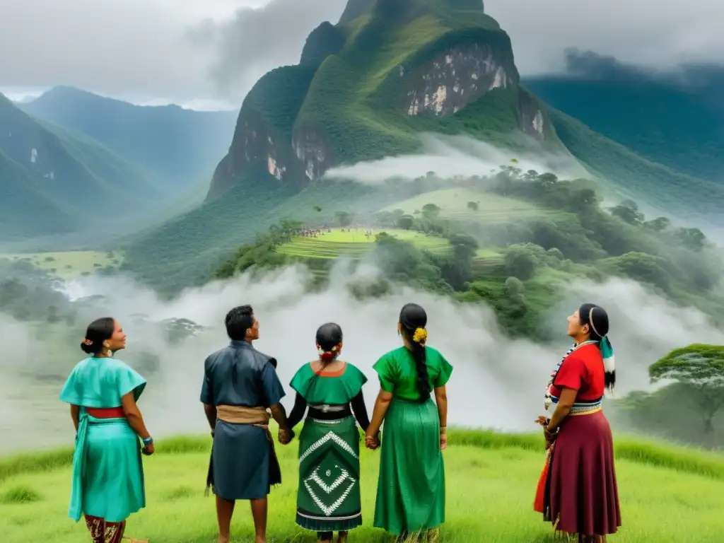 Grupo indígena realiza ritual de agradecimiento por la lluvia, uniendo manos bajo la lluvia mientras miran al cielo con reverencia y gratitud