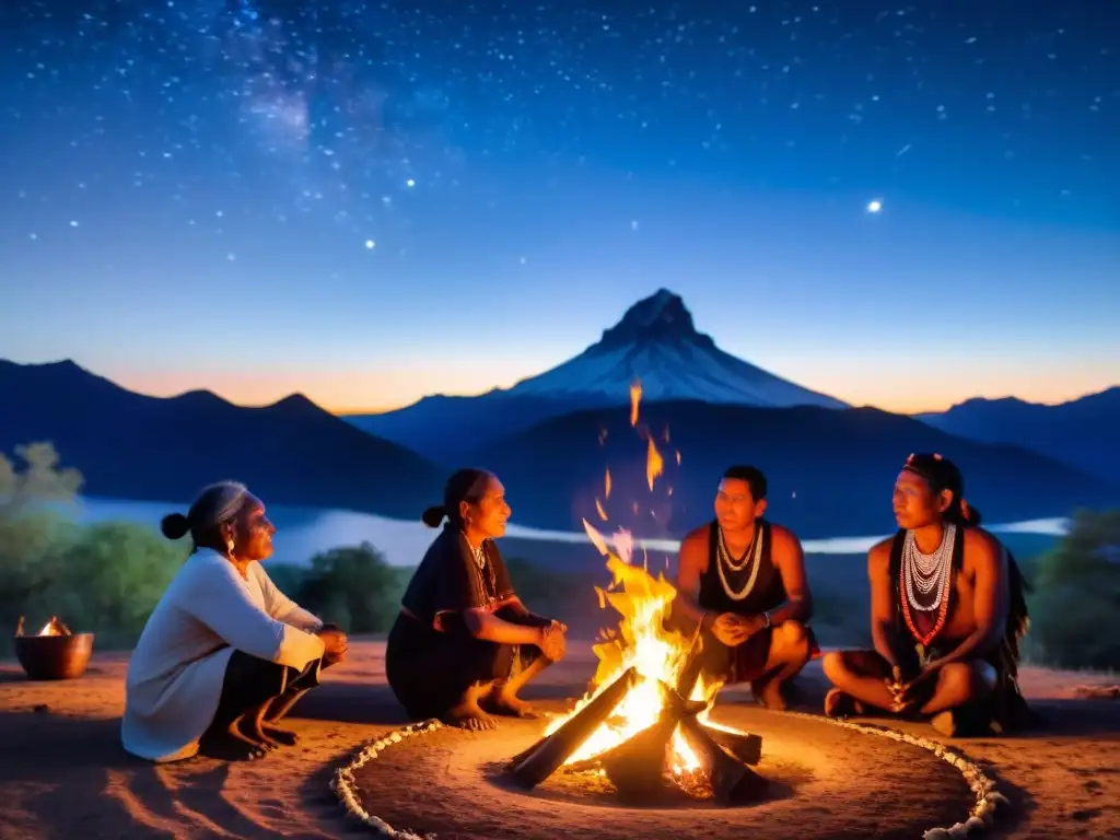 Grupo indígena realiza ritual ancestral bajo el cielo estrellado, mostrando la influencia del cambio climático en sus tradiciones sagradas