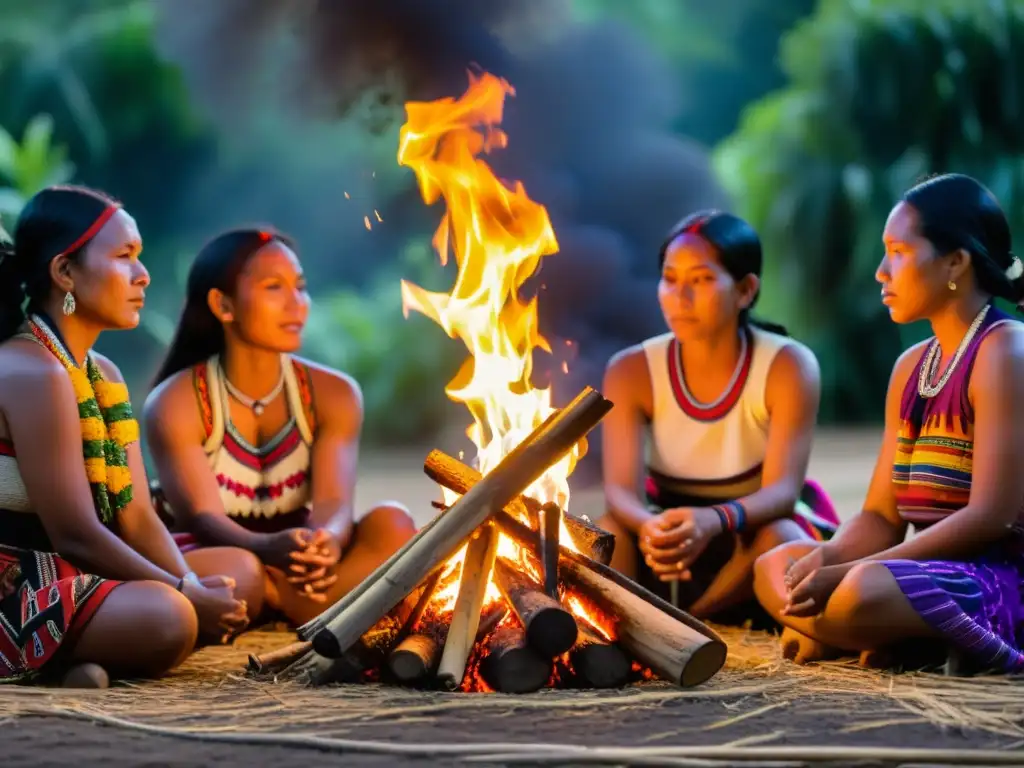 Grupo indígena participa en un ritual ancestral alrededor de una fogata, en un taller de canto en rituales ancestrales