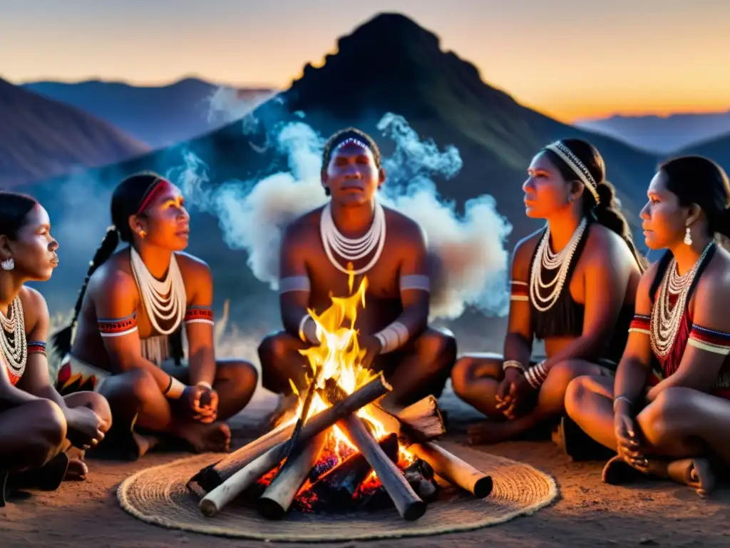 Grupo indígena cantando en ritual ancestral alrededor del fuego en la selva