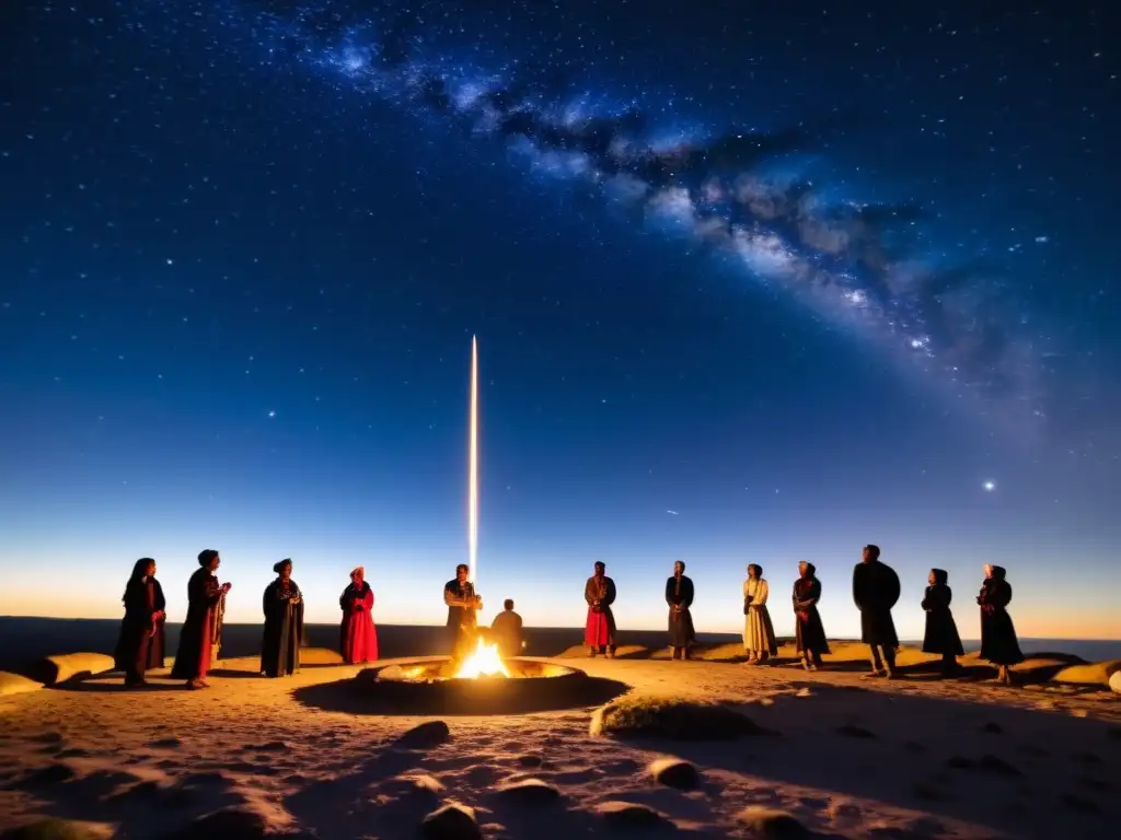 Grupo indígena en ritual celestial bajo las estrellas