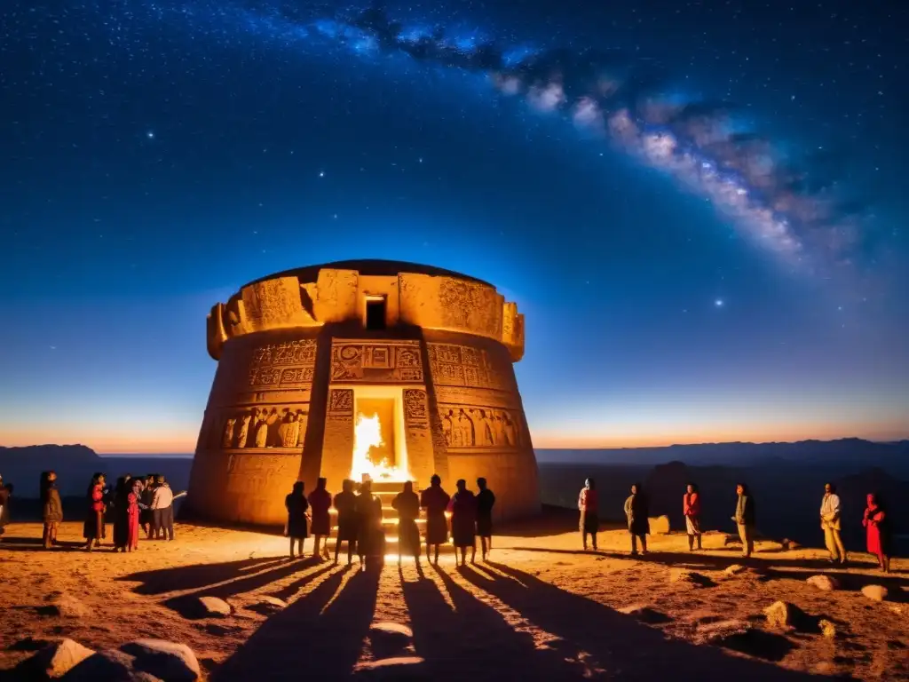 Grupo indígena realiza ritual de observación celestial en un observatorio de piedra, iluminados por antorchas