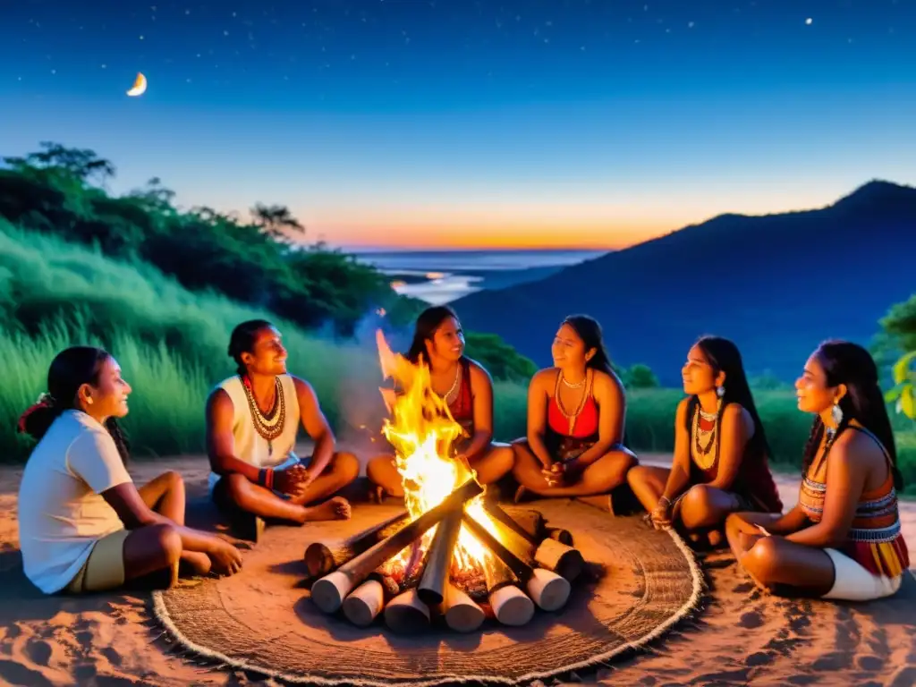 Grupo indígena en ritual alrededor de fogata, vistiendo atuendos coloridos