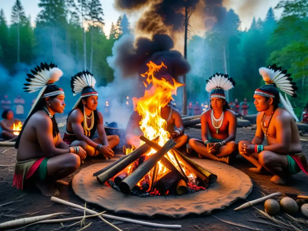 Grupo indígena realiza ritual alrededor de fogata en el bosque, con atuendos coloridos