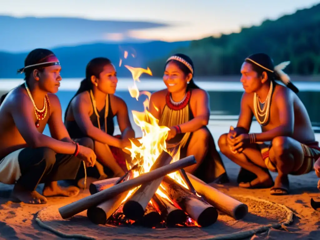 Grupo indígena realiza ritual musical alrededor del fuego, resaltando la importancia de la música en rituales